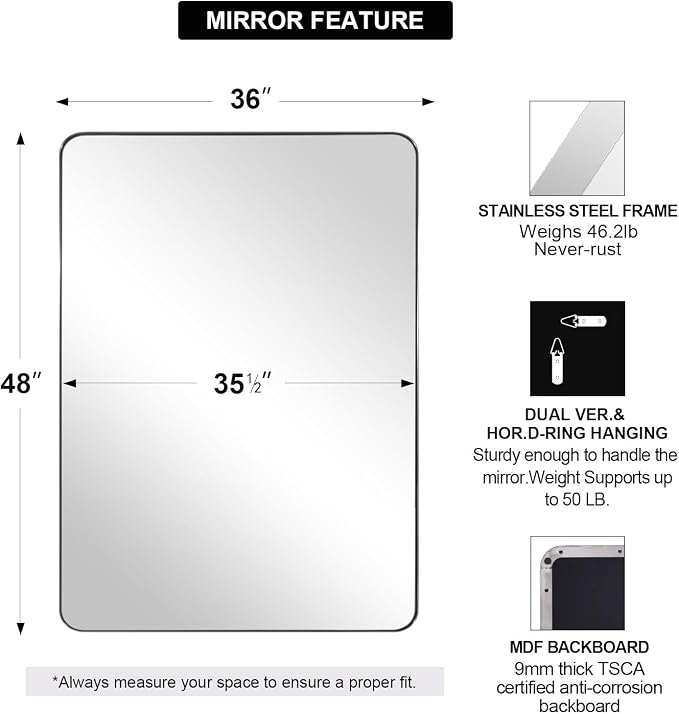 ANDY STAR 36"x48"Chrome Bathroom Mirror, Large Wall Mirror for Bathroom, Rounded Rectangle Mirror in Premium Stainless Steel Metal Frame Hangs Horizontal Or Vertical…