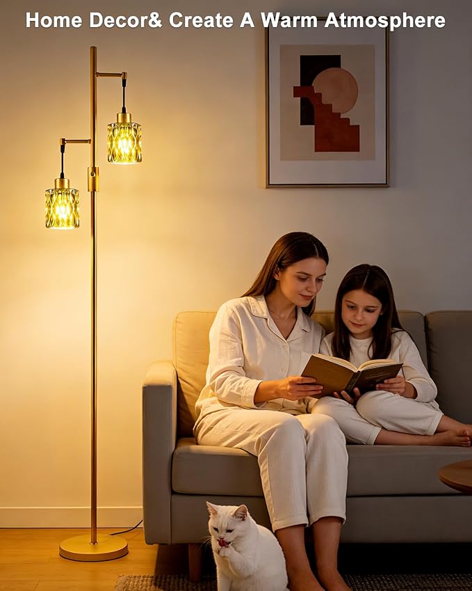 Lightdot 65IN Industrial Gold Floor Lamp for Living Room, 2- Light Green Glass Floor Lamps with Warm White Bulbs, Modern Farmhouse Tree Standing Tall Lamp with 5Lbs Heavy Base for Bedroom Home Office