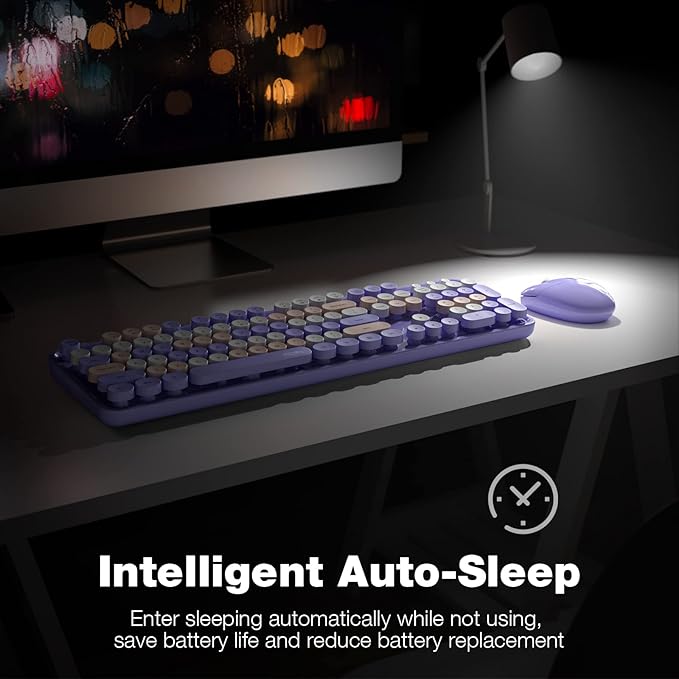 Wireless Keyboard and Mouse Combo, MOWUX Colorful Computer Full Size 2.4G Plug and Play Wireless Typewriter Keyboard and Mouse Set for Windows, Computer, Desktop, PC, Notebook (Purple Colorful)