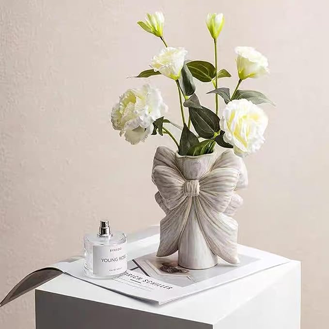 Bow Vase,Small White Ceramic Bow Flower Vase for Home Decor,Boho Style Unique Vases for Flowers,Small Cute Wabi Sabi Vases for Living Room Décor