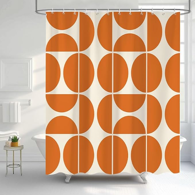 Orange Mid Century Modern Shower Curtain, Boho Abstract Geometric Retro Art Bath Curtains For Bathroom, Colorful Unique Pattern Waterproof Polyester Fabric Bathroom Accessories Set 12 Hooks 72X72IN