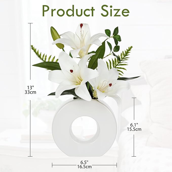 Artificial Flowers in Vase 13" Realistic Fake Lilies Flowers with 3 Heads Full Bloom Tiger Lily Floral Arrangement White Faux Flowers for Vase Table Centerpieces Home Wedding Bathroom Office Decor