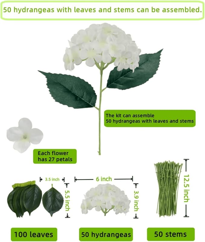 Artificial White Hydrangea Flowers with Leaves, 50 Pack, 6 Inch Silk Flower Heads, DIY Mother's Day Wedding Decor Set with 100 Leaves, 50 Stems