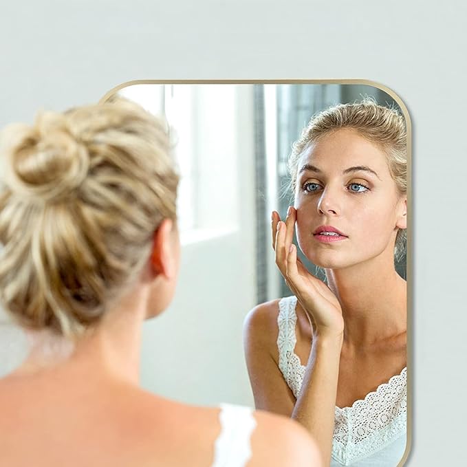 20x28 Inch Gold Bathroom Mirror, Brushed Brass Gold Metal Framed Rectangular Mirror with Rounded Corner, Bathroom Vanity Mirror for Bedroom or Living Room, Horizontal/Vertical