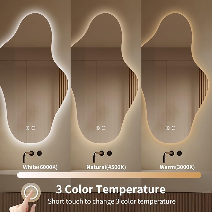55″x31.5″ Modern Irregular LED Bathroom Mirror with Lights, Asymmetrical Frameless Smart Lighted Wall Mirror for Living Room Entryway, Large Decorative Makeup Vanity Mirror with Touch Switch