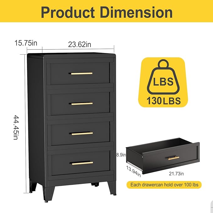 4 Drawers Tall Black Dresser for Bedroom, 44.45" Metal Dressers & Chests of Drawers Curved Corner Design, Storage Organizer Drawer Chest with Large Capacity for Living Room, Entryway, Hallway