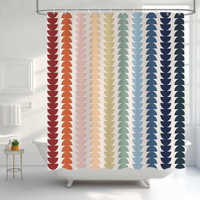 Modern Geometric Shower Curtain, Vintage Rainbow Mid-Century Abstract Art Design Bath Curtains for Bathroom, Colorful Semicircular Pattern Waterproof Polyester Fabric Bathroom Set 12 Hooks 60X72IN