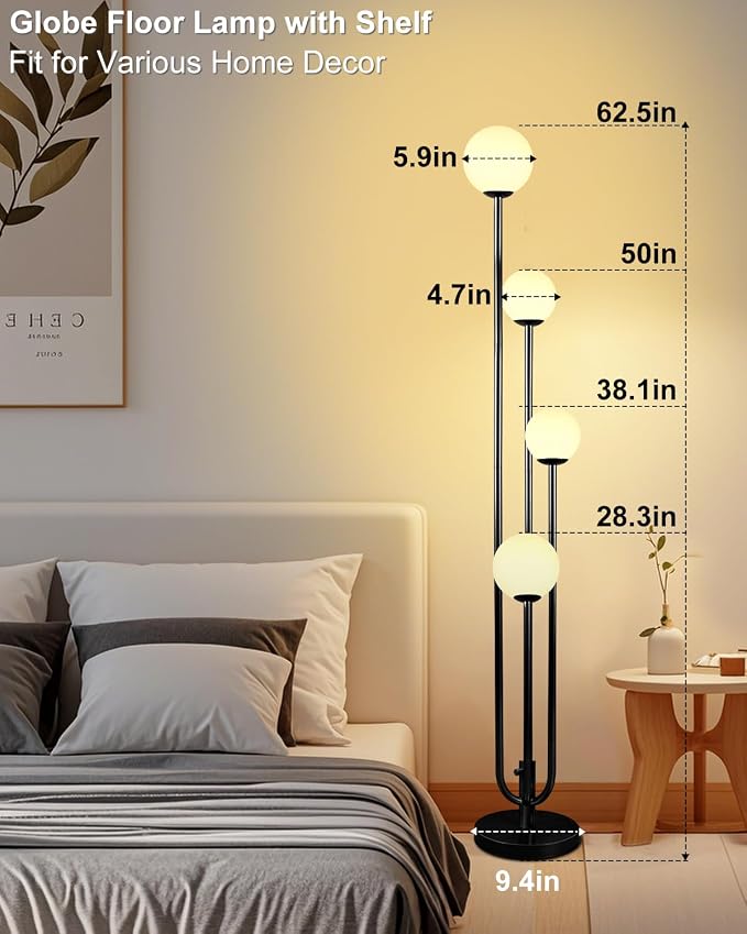 Lightdot Black Globe Floor Lamp 4-Lights Dimmable Floor Lamps with Tray 3000K Bulbs Included Unique Candle Mid Century Tall Standing Lamp with 5Lbs Heavy Base for Living Room/Bedroom/Sofa Beside