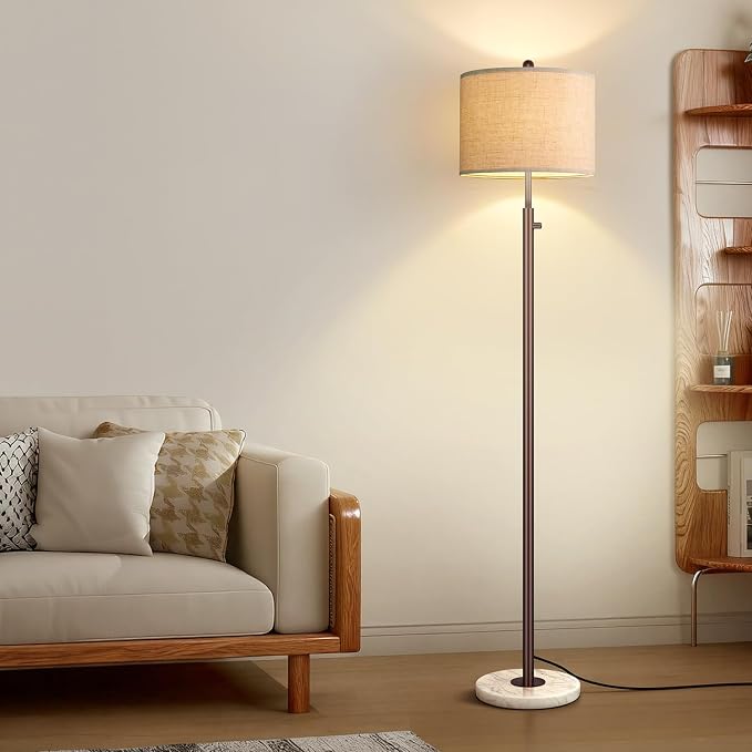 Nintiue 【Upgraded】 Dimmable Floor Lamp for Living Room, 11W LED Bulb Included, Modern Standing Lamp with Marble Base, Tall Pole Light with Linen Shade for Bedroom Reading Office Corner Nursery-Brown