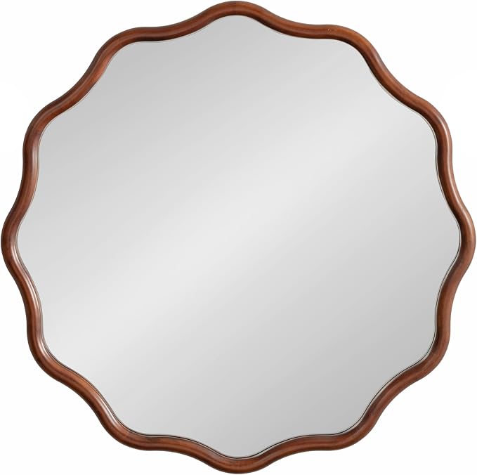 Kate and Laurel Talma Mid-Century Round Scalloped Wall Mirror; 30 Inch Diameter; Walnut Brown; Modern Circle Mirror with Solid Poplar Wood Frame and Rounded Frame Profile