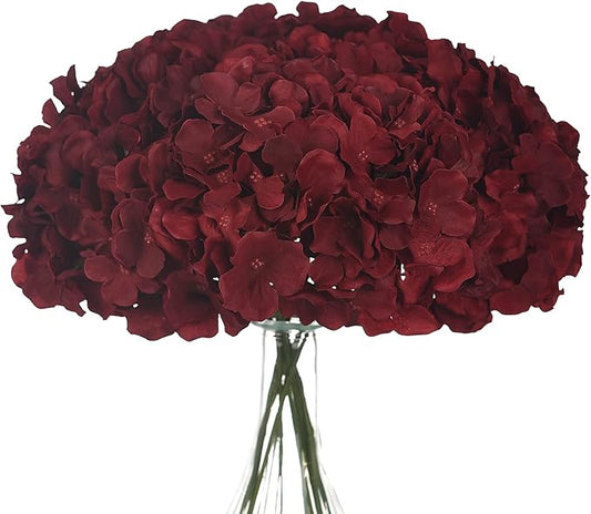 10PCS Artificial Hydrangea Flowers, Fake Hydrangea Silk Flowers Heads with Stems for Wedding Home Party Shop Baby Shower Decoration-Claret Red