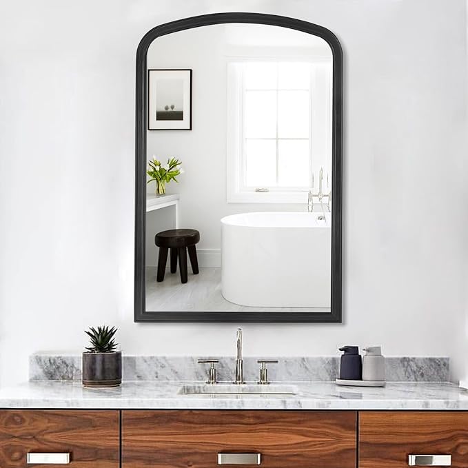 WallBeyond Arched Wall Mirror Wood Framed, 24" x 36" Rustic Farmhouse Wood Arched Mirror for Bathroom Wall Decor Entryway Living Room (Black)
