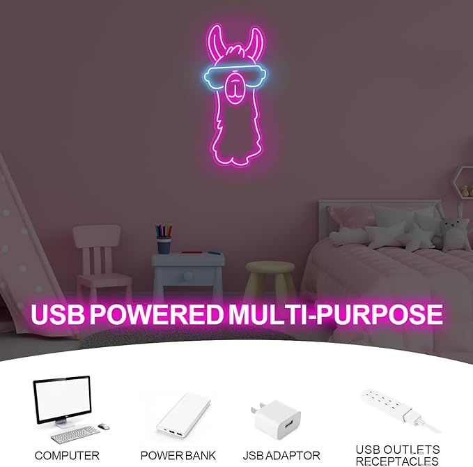 Llama with Sunglasses Neon Sign, Llama with Sunglasses LED Light, Cute AnimalLED Art, Pet Shop Decor, Home & Kids Room Decor, Llama Lover, Animal Lovers - Home & Restaurant Bedroom Art-16.5"x7.8"