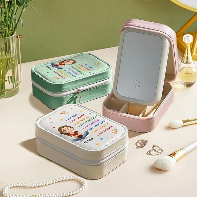 Wrappiness Girls & Women Lovely Makeup Box With LED Mirror - Personalized Jewelry Box Organizer Portable Ideal for Travel, Gift for Daughters Sisters Friends (Kind Smart Loved, Teen Girls)