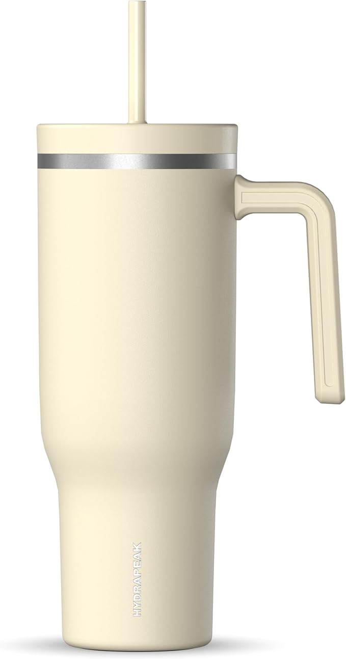Hydrapeak Voyager 40 Oz Stainless Steel Tumbler with Handle, Insulated Water Bottle With Straw & Lid, Cupholder Friendly Reusable Travel Mug (Modern Cream)