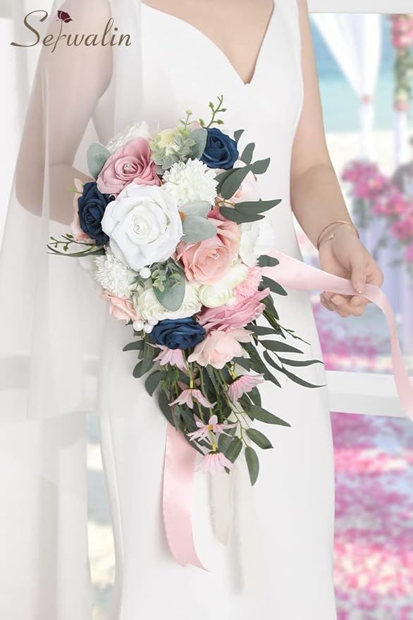Serwalin 9.8 Inch Wedding Bouquets for Bride Bridesmaid, Pink Blue Rose Bridal Bouquets for Bride, Wedding Flowers Bouquet Tossing Bouquet, Wedding Ceremony and Anniversary Day Decor
