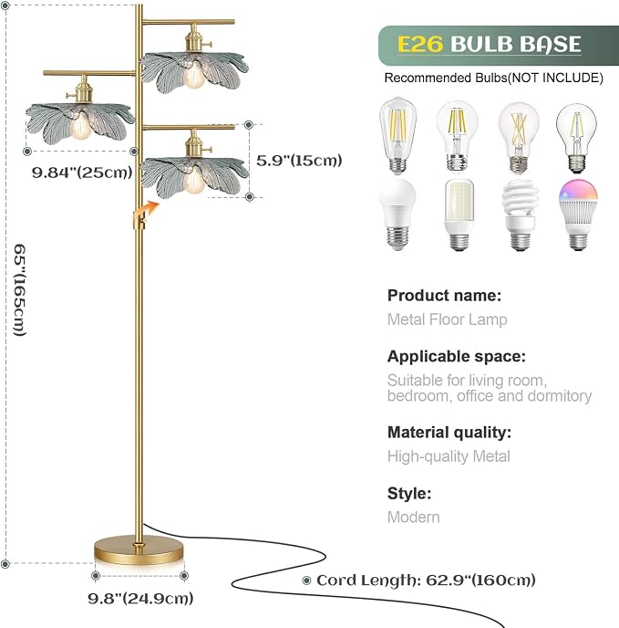65" Dimmable Gold Floor Lamp, 3-Light Antique Brass Tree Standing Lamp with Dark Green Flower Glass Shade, Rustic Tall Floor Light for Bedroom Corner Living Room Study Office