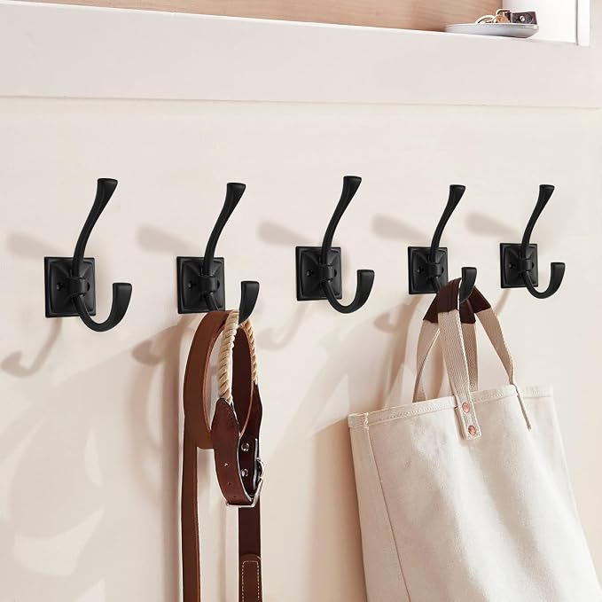 Large Wall Hooks 10 Pack Matte Black Coat Hooks Hardware Towel Hooks for Hanging Coats 4.35 Inch Double Robe Hooks Wall Mounted with Screws for Key, Towel, Bags, Cup, Hat