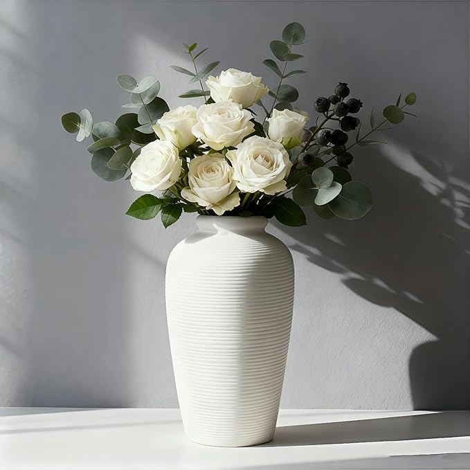 Large Ceramic Vase, 11 inch Minimalist Vase for Home Decor, Handmade Farmhouse Flower Vase for Table Centerpiece, Wedding, Living Room, Kitchen Decoration, Shelf Decor (Rice White)