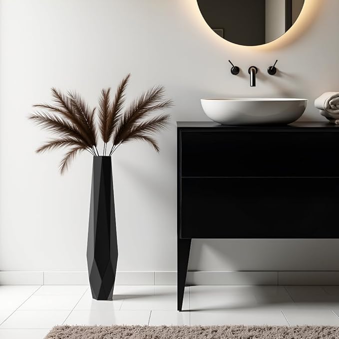 Tall Vases - 27.5" Tall Floor Vase for Home Decor, Resin Floor Vase with Handmade Dimensional Geometric Style, Fits Into Hay/Pampas Grass, Boho Living Room Decor (Black)