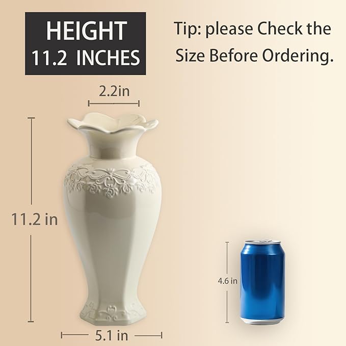 Relievo Elegant White Cream 8in 11in Ceramic Flower Tall Aesthetic Beige Table Tulip Wide Mouth Rose Filler Decorative Rustic Vase Decor for Home (Cream Vase, L)