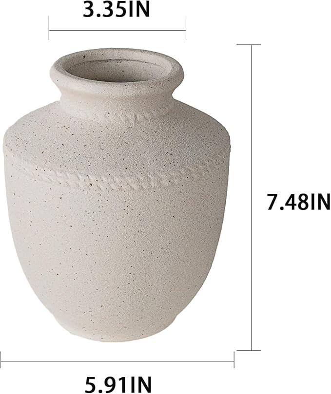 Farmhouse Ceramic Vase for Living Room Bedroom Antique White 7.45'' Flower Bouquet Vase for Fake Plant Home Decor Office Fireplace Centerpieces Rustic Retro Vintage Modern Gift Decoration