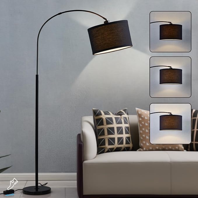 Luvkczc Arc Floor Lamps for Living Room, Dimmable Floor Lamp with Adjustable Head, Black Finish Modern Floor Lamp, Over Couch Tall Standing Hanging Light for Reading, Bedroom, Office, Bulb Include