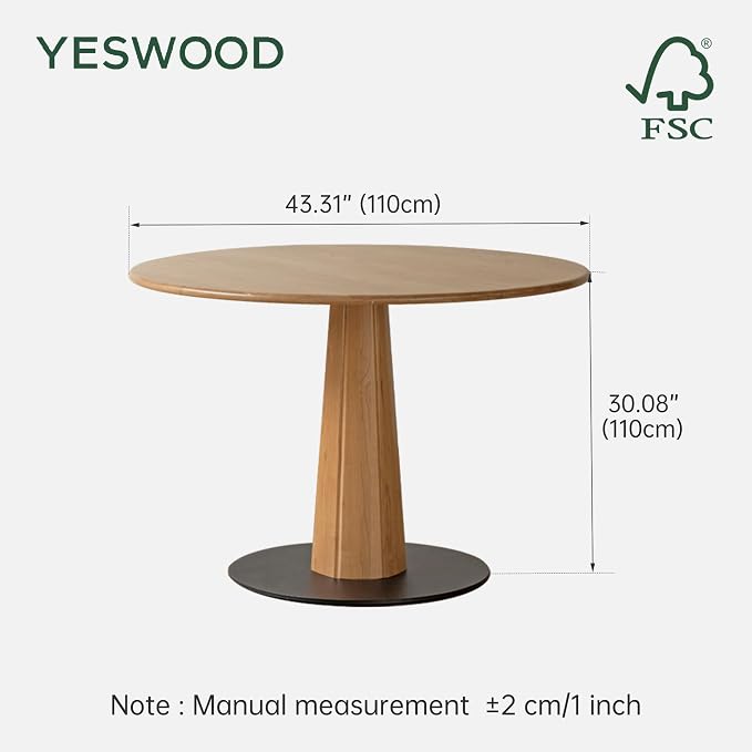 YESWOOD 43.3’’ Round Dining Table for 4, Solid Ash Wood Kitchen Table with Metal Pedestal Base, Farmhouse Dinner Table for Dining Room, Living Room, Study, Natural