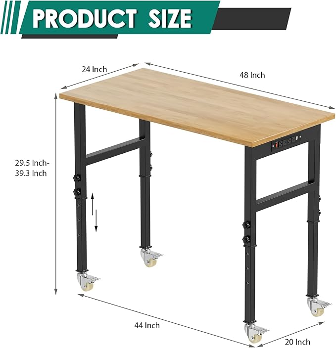 Adjustable Heavy Duty Workbench with Wheels,Rubber Wood Top Working Table, 2500 LBS Load Capacity with for Workshop and Office,etc.