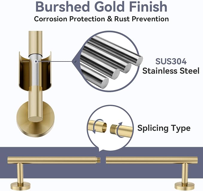 Gold Bathroom Accessories 5 Piece, 18 Inch Bath Hardware, Wall Mounted Brushed Gold Towel Rack, Durable SUS304 Stainless Steel Towel Bar Set