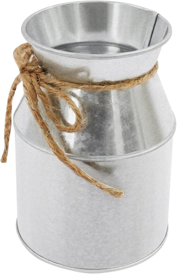 Flower Vase Decor, Farmhouse Metal Galvanized Milk Can Jug Vase with Bow, Flower Buckets for Artificial Flowers for Table Centerpiece Weddings(Silver)
