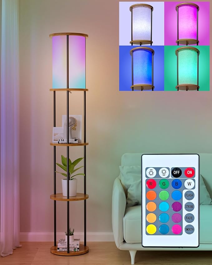 Lightdot 61" RGB Floor Lamp with Shelves, 3-Tier Storage Smart Remote Control Standing Lamp with Fabric Shade, Bulb Included, Dimmable Floor Lamps for Living Room/Sofa Beside/Corner Decor (Black)