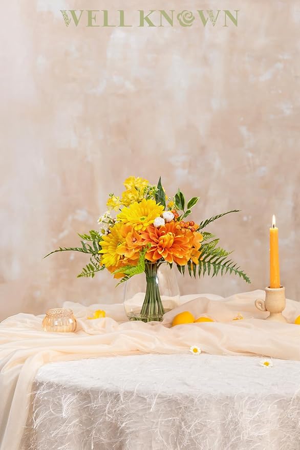 Fake Flowers in Vase with Fake Water, Realistic Faux Silk Dahlia & Gerbera Daisy Artificial Flower Arrangements for Fall Winter Home Wedding Thanksgiving Birthday Party Decor & Gift (Yellow & Orange)