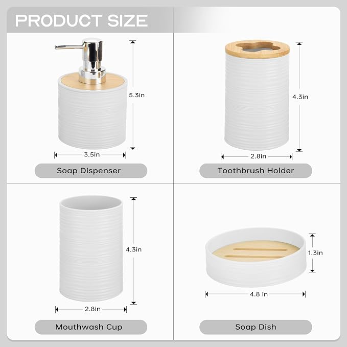 4 Pieces Bamboo Bathroom Accessories Set, Bathroom Accessory Set with Soap Dispenser and Toothbrush Holder, Soap Dish and Toothbrush Cup, Boho Bathroom Decor(White)