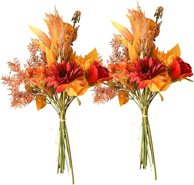 Artificial Flower Bouquet Sunflowers Roses, Fall Decor Bridal Bouquets Silk Flowers for Home, Party, Wedding, Porch, 2 Sets