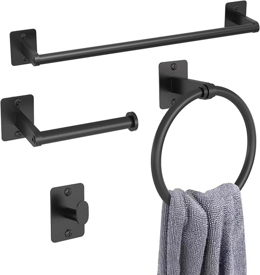KLJKPA Matte Black Bathroom Accessories Set, 4 Pieces Bathroom Hardware Set, 16 inch Towel Bar, Towel Racks for Bathroom, Robe Towel Hooks, Toilet Paper Holder Wall Mounted