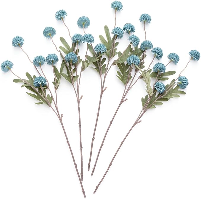 Laelfe Dusty Blue Flowers Artificial Pompon Mum, Fake Kiku Flowers Silk Small Mini Chrysanthemum Ball Faux Mum Decor for Autumn Filler DIY Bouquet Centerpieces Arrangements Shower (Dusty Blue)