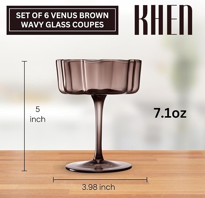 Venus Flower Scalloped Vintage Wavy Petals Wave Glass Coupes 7oz Colorful Martini, Champagne & Cocktails, 6 Set Brown Amber Shades Rippled Champagne Glasses, Elegant Bar Glassware, Aesthetic Coupe
