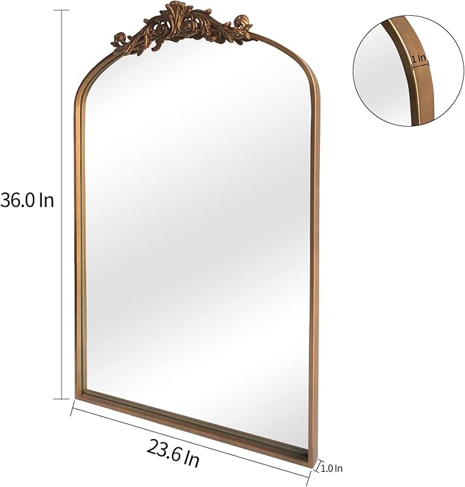 OUSHUAI Gold Brass Mirror for Wall,Gold Traditional Vintage Ornate Baroque Mirrors,Victorian Antique Bronze Mirrors with Full Matel Frame,Arched Mirror for Entryway/Bathroom/Fireplace 24"X36"