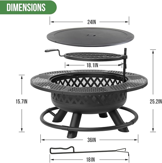 Panovue 36 Inch Fire Pit with Grill,Wood Burning Fire Pits for Outside with Lid& Fire Poker,Round Metal Firepit Table 3 in 1 with Cooking Grate,Outdoor Firepits for Yard Patio Bonfire Camping(Black)