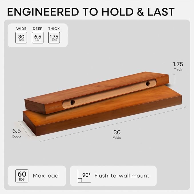 Homeforia Oak Floating Shelves 30 inch Long, High End Solid Real Wood 30inch Floating Shelves for Wall Mounted, Honey Oak Wooden 30in Floating Shelf, Heavy Duty Bracket, 30 X 6.5 X 1.75 in, Set of 3