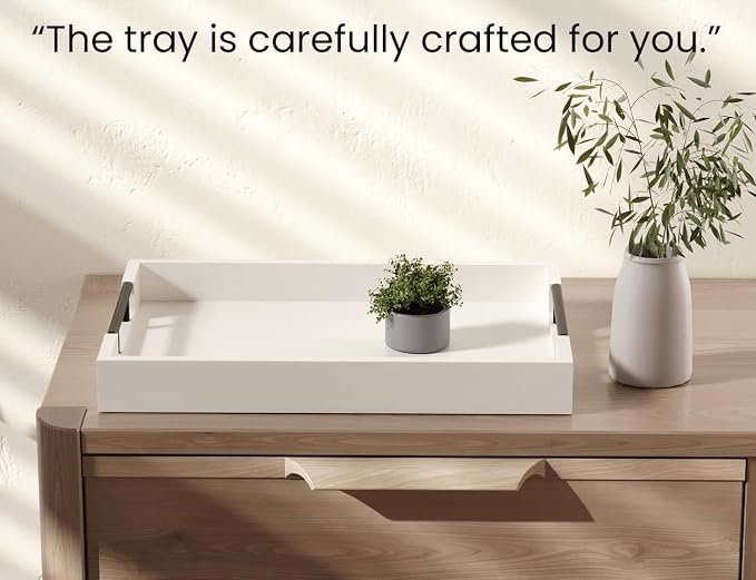 Fibogollo Bamboo Serving Tray with Metal Handles,17x12in Ottoman Decorative Trays Platter for Coffee Table,Living Room,Bar,Party,Large(White)