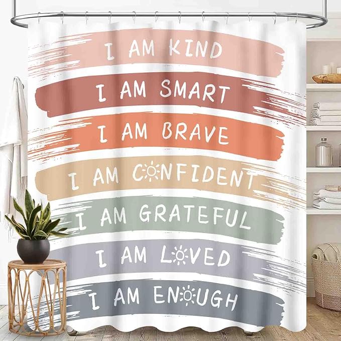 Boho Rainbow Shower Curtain, Cute Inspirational Motivational Quotes Cartoon Rainbow Colorful Pastel for Kids Girls Baby Waterproof Fabric Bathroom Shower Curtain Set with Hooks,72"x78" Inch