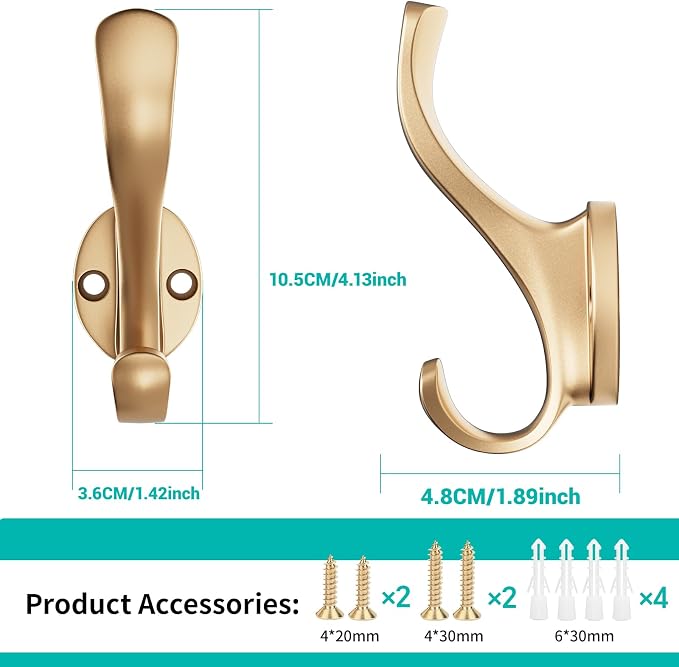 Coat Hooks Heavy Duty - Easy to Install Metal Towel Hooks Fashionable Wall Hooks for Hanging Hat, Towel, Key, Robe, Scarf, Bag, Cap (10 PCS Gold)