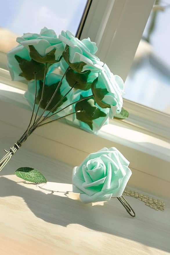 Light Green Artificial Roses 25pcs, Real Looking Fake Foam Flowers with Stems for DIY Wedding Bouquets, Baby Shower, Centerpieces, Spring Party, Home Decor