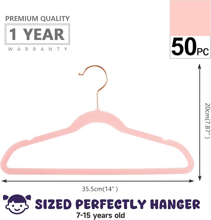 MIZGI Kids Velvet Hangers,Non-Slip Big Kids Hangers,14 Inch Hangers for Youth,Teen Clothes,Pack of 50