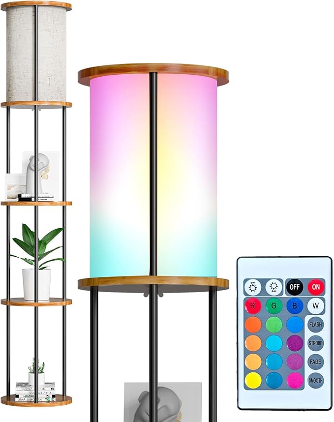 Lightdot 61" RGB Floor Lamp with Shelves, 3-Tier Storage Smart Remote Control Standing Lamp with Fabric Shade, Bulb Included, Dimmable Floor Lamps for Living Room/Sofa Beside/Corner Decor (Black)