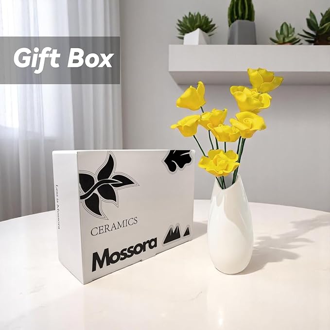Artificial Flowers with Vase Set, 8 Handmade Ceramic Flowers with Premium Ceramic Vase, Easy Assembly Home Decor Gift Box for Wedding, Mother’s Day, Table Centerpiece, Eternal Bloom (Yellow)