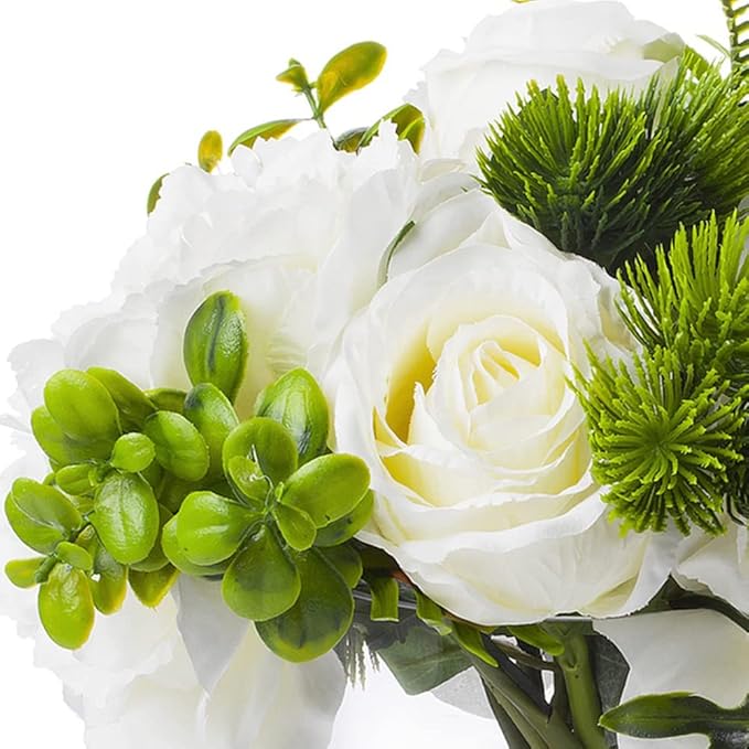 ENOVA FLORAL Artificial Rose Flowers in Vase, Mixed Fake White Rose and Silk Peonies in Vase with Faux Water for Dining Table Centerpieces, Home Decor Indoor