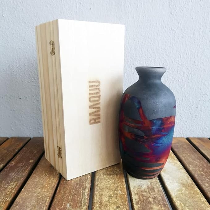RAAQUU Koban 7 inch Raku Ceramic Pottery Vase with Gift Box Corporate Gift in a Pine Box -Personalized Rustic Boho Handmade Gift in Carbon Half Copper Matte